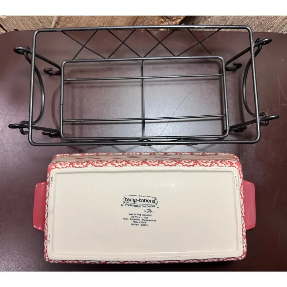 Vtg Temp-tations by Tara Old World Cookware 1.7 QT Meatloaf Dish w Metal Rack